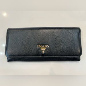 Prada Black Saffiano Wallet with Gold Emblem